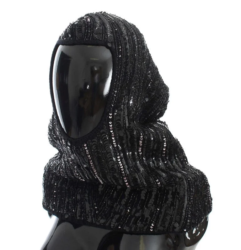 Dolce & Gabbana Elegant Black Sequined Hooded Scarf Wrap Hoodie with Hem Elastic Stretchable Comfortable