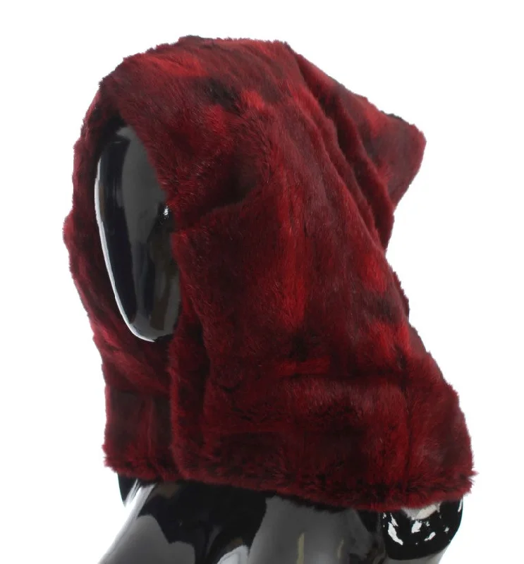 Dolce & Gabbana Luxurious Bordeaux Fur Hooded Scarf Wrap Hoodie with Mock Neck Collared Structured