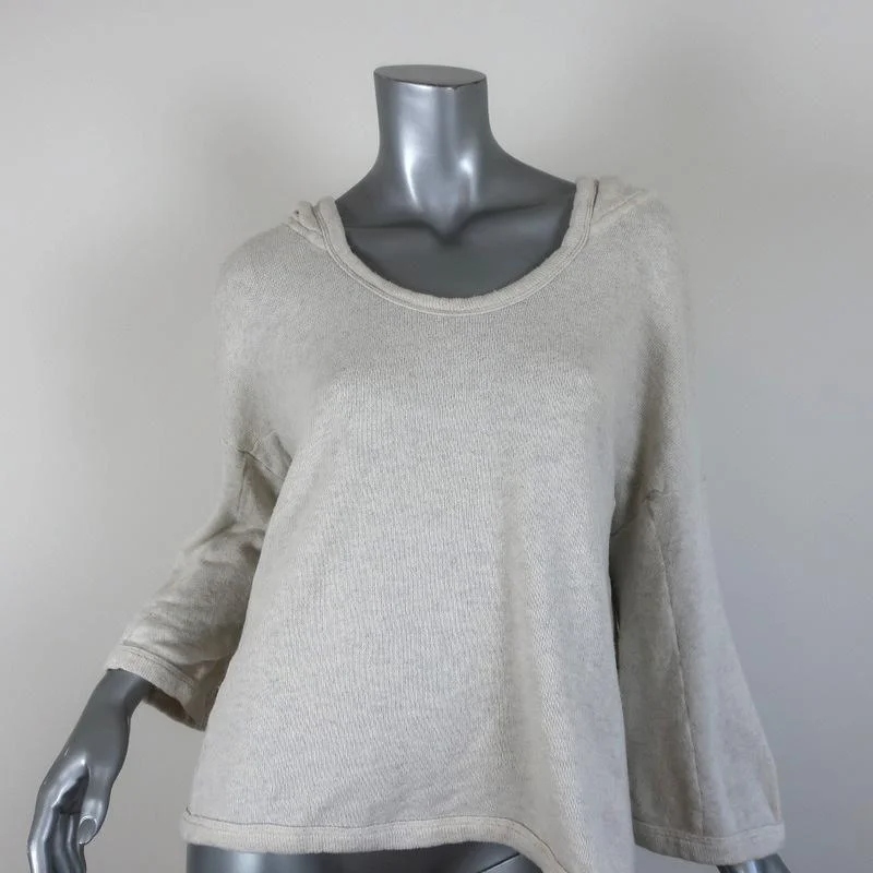 James Perse Hoodie Sweatshirt Ivory Melange Size 3 Cropped Sleeve Pullover Hoodie with Raw Hem Edgy Unfinished