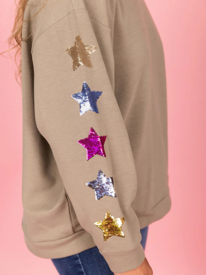 Jules Sweatshirt - Olive Sequin Stars Hoodie with Hem Applique Textured Unique