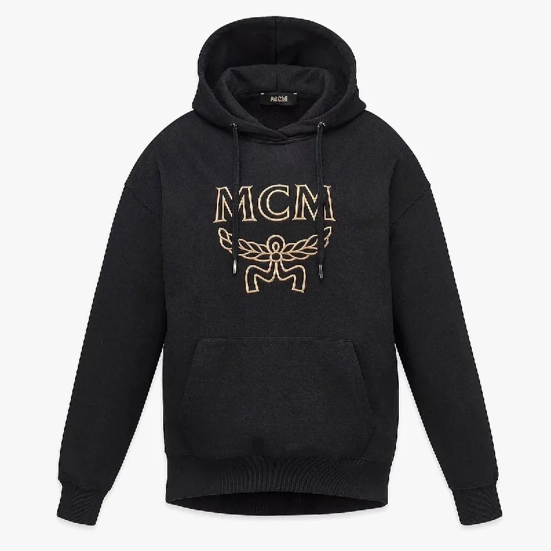 MCM Womens Classic Logo Black/Cognac Cotton Hoodie/Sweatshirt Hoodie with Hem Raw Edge Edgy Unfinished