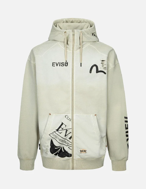 Multi Logos Print Loose Fit Washed Zip-Up Hoodie Hoodie with Earth Tones Natural Calm