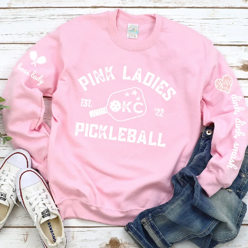 Pink Ladies OKC Pickleball Crew - Hot Pink Unisex Crewneck Sweatshirt (customize name on sleeve) Hooded Sweatshirt Casual Wear Street Style