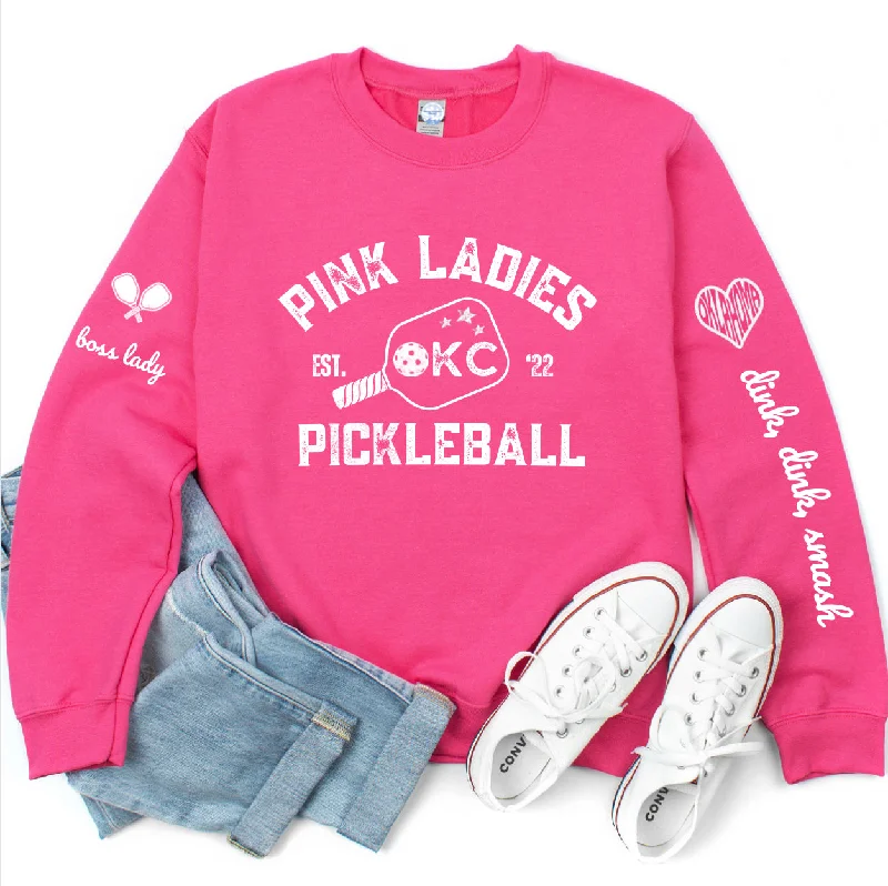 Pink Ladies OKC Pickleball Crew - Hot Pink Unisex Crewneck Sweatshirt (customize name on sleeve) Hoodie Crop Top Short Trendy