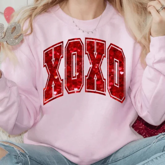 Pink XOXO Pink Sweatshirt with Faux Glitter Patches Hoodie with Applique Textured Unique