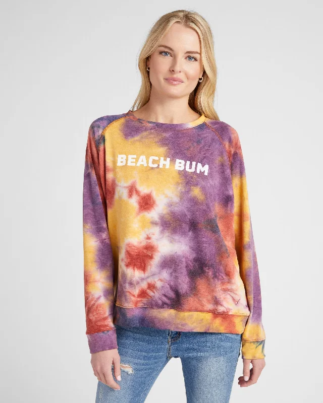 Beach Bum Tie Dye Graphic Sweatshirt Hoodie with Hem Embroidery Detailed Premium