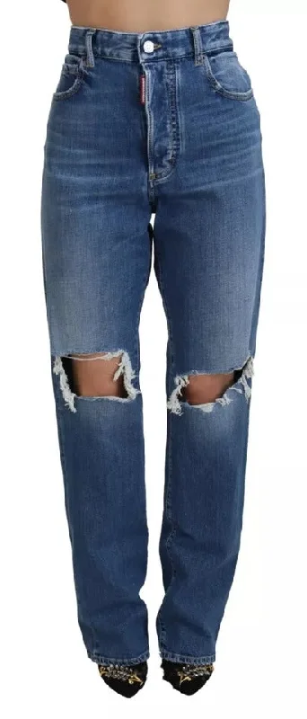 Blue Distressed High Waist Straight Denim Jeans Comfortable Straight-Legged Denim