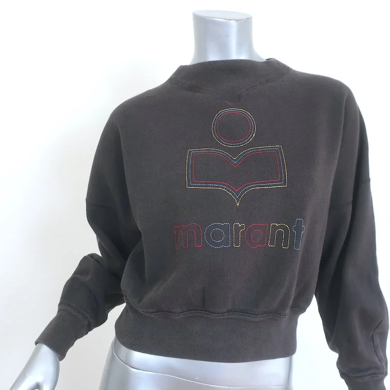 Isabel Marant Etoile Odilon Embroidered Logo Sweatshirt Washed Black Size 34 Hoodie with Slit Hem Functional Movement