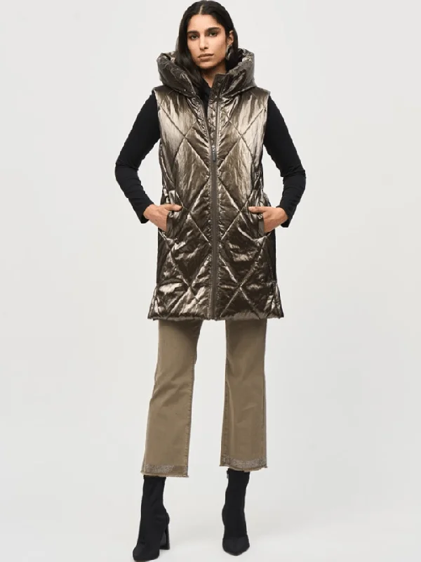 Joseph Ribkoff Quilted Hooded Puffer Gilet In Metallic Taupe 243940 Col 8012 Hoodie with Monochrome Minimalist Simple