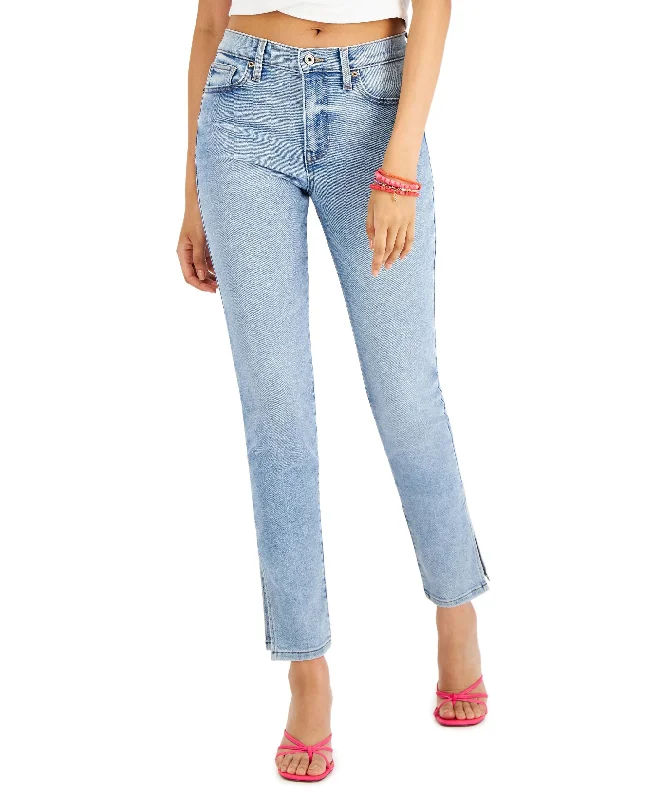 Juniors' Side Slit Relaxed Skinny Jeans Fashionable Frayed Hem Denim