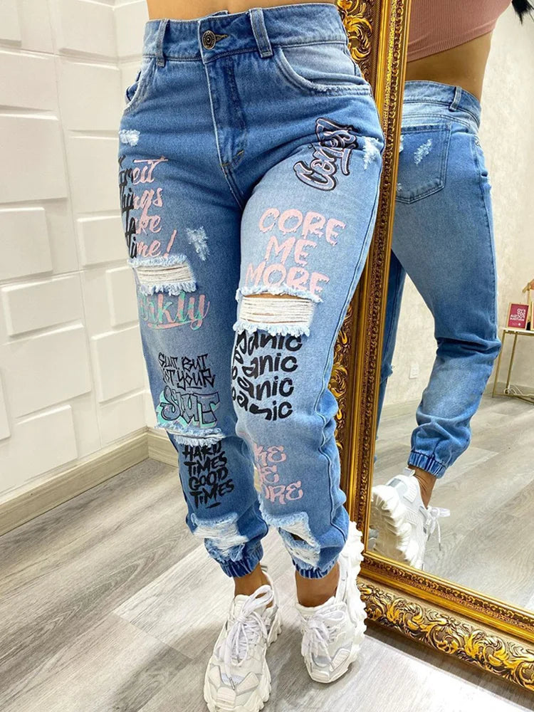 Letter Print Slant Pocket Ripped Jeans Women Casual Denim Pants Trendy Low-Rise Slim Jeans