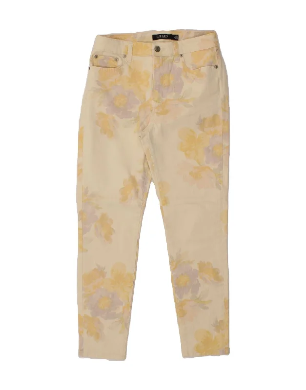 RALPH LAUREN Womens Graphic Slim Jeans US 4 Small W28 L27 Yellow Floral Trendy Wide-Legged High-Waist Jeans