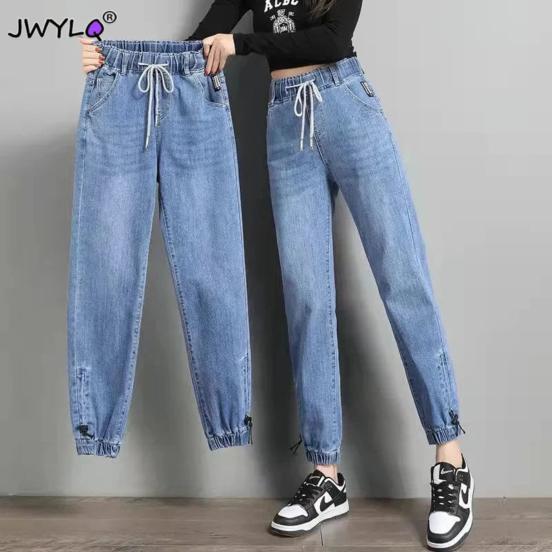 S-3xl Drawstring Ankle-length Loose Jogger Jeans Women Solid Color Streetwear Scratch  Pants Comfortable Zip-Up Skinny Jeans