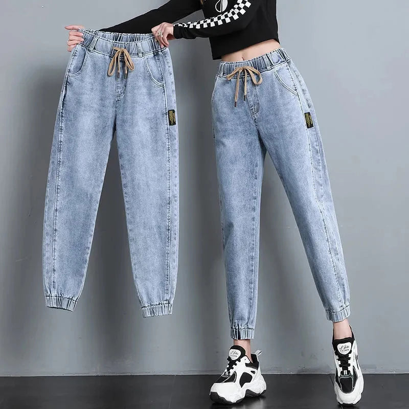 High Waist Elastic Waist Women's Jeans Korean Vintage Loose Slim Harem Pants Classic Blue Denim Jeans