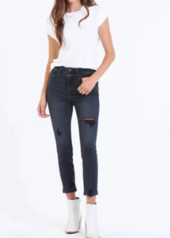 Stella Super Hr Crop Slim Straight Jean In Black Elegant Raw Hem Jeans