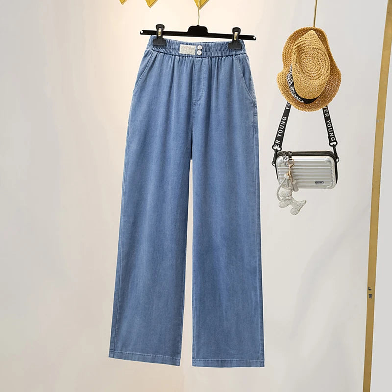 Summer Ice Silk Jeans Women Soft High Waist Wide Leg Pants Trendy Low-Rise Slim Jeans