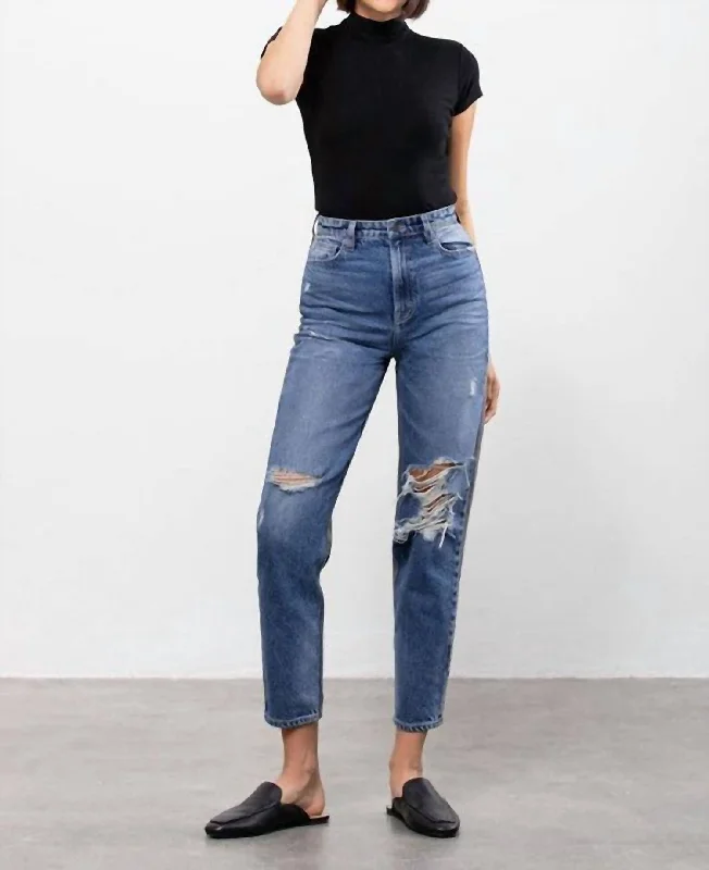 Two Tone Distressed Tapered Jeans In Medium Wash Trendy Low-Rise Slim Jeans