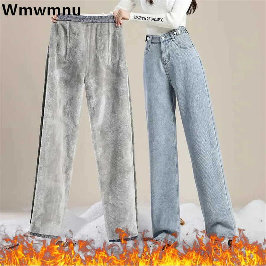 Winter Thicken Plush Lined Wide Leg Jeans Women High Waist Warm Straight Jeansy Stylish Plus Size Denim Jeans