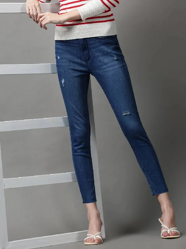 Women's Blue Solid Skinny Fit Denim Jeans-GZ-5187-Blue Elegant Tapered Leg Denim