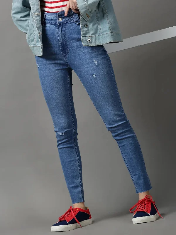 Women's Blue Solid Skinny Fit Denim Jeans-GZ-5190-1-Blue Cozy Relaxed Fit Denim Jeans