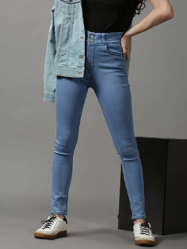 Women's Blue Solid Skinny Fit Denim Jeans-GZ-5281-1-Blue Cozy Relaxed Fit Jeans