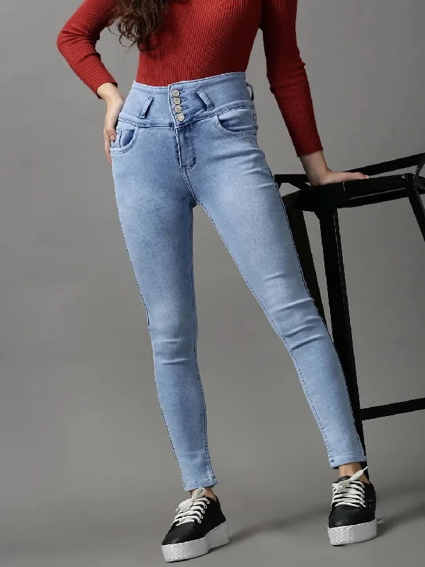 Women's Blue Solid Skinny Fit Denim Jeans-GZ-5319-Blue Classic Button Fly Jeans