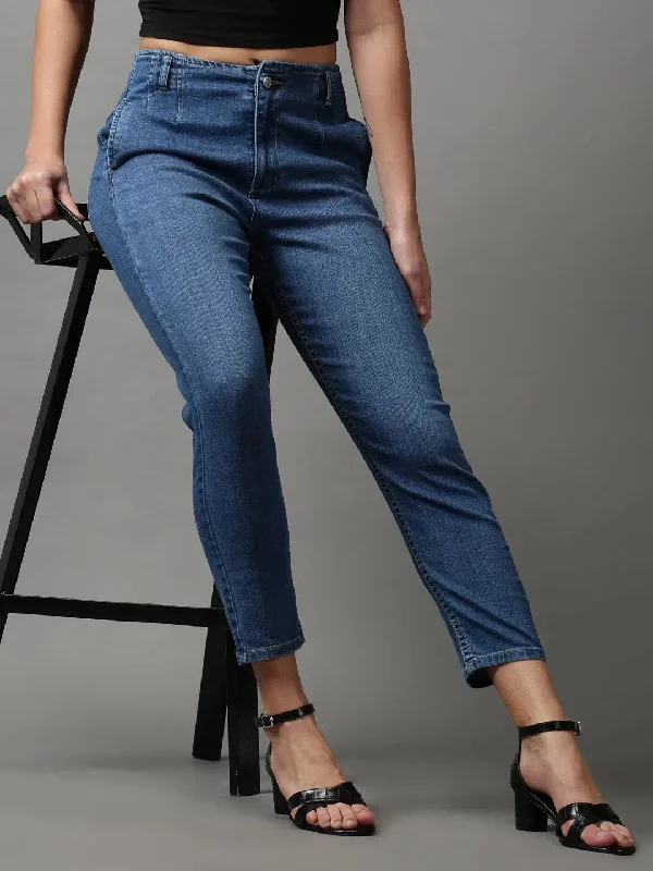 Women's Blue Solid Wide Leg Denim Jeans-GZ-5301-1-Blue Stylish Relaxed Fit Skinny Jeans