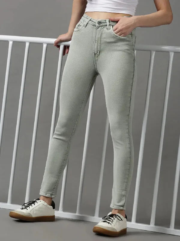 Women's Green Solid Skinny Fit Denim Jeans-GZ-5288-Green Fashionable White Denim Jeans