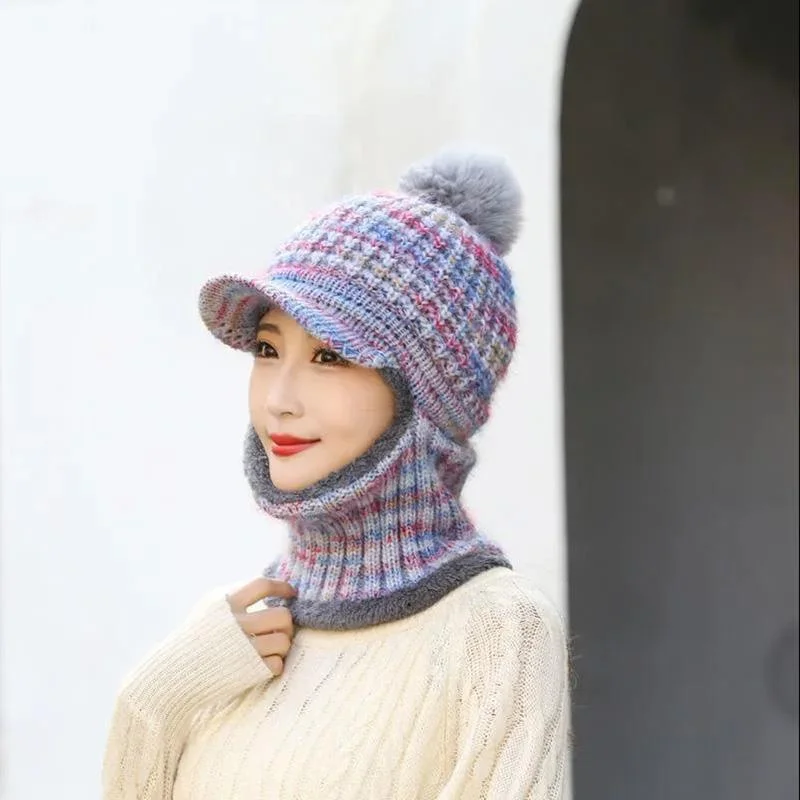 Women's Hat Bib One Piece Autumn and Winter Plus Velvet Knit Hat Cycling Windproof Warm Fur Ball Hooded Cap Neck Sleeve Woolen Scarf Cap Set Hoodie with Patch Decorative Personalized