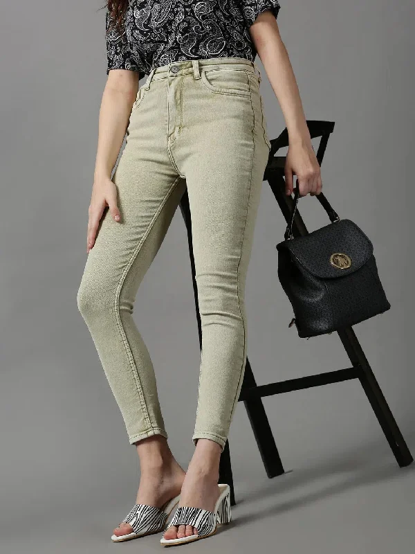 Women's Olive Solid Skinny Fit Denim Jeans-GZ-5288-Olive Comfortable Zip-Fly Denim Jeans