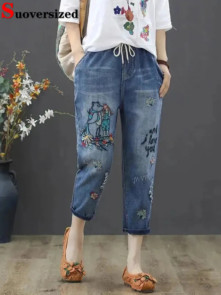 Embroidery Ankle-Length Baggy Jeans Elastic Capris Lace Up Harem Denim Pants Comfortable Zip-Up Skinny Jeans