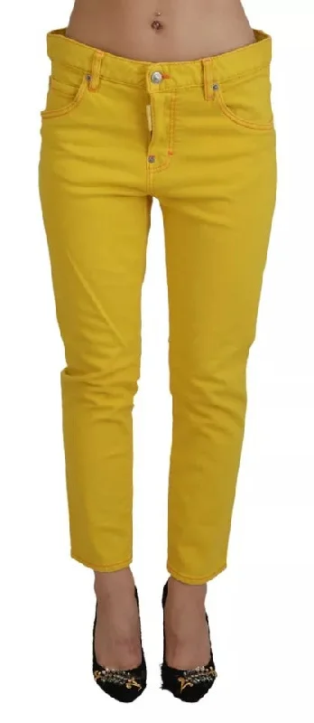 Yellow Cotton Low Waist Crop Denim Cool Girl Jeans Stylish Relaxed Fit Skinny Jeans