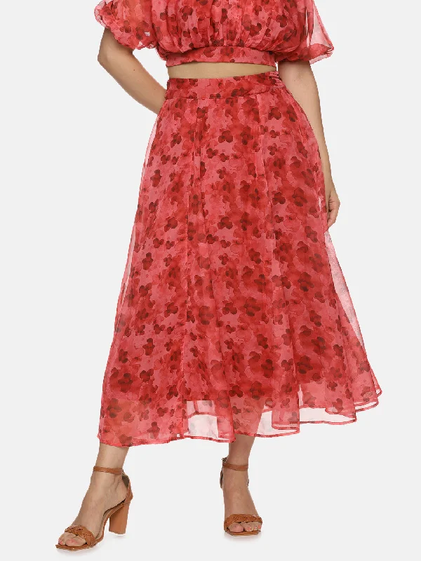 IS.U Floral Red Flared Midaxi Skirt wool skirt warm