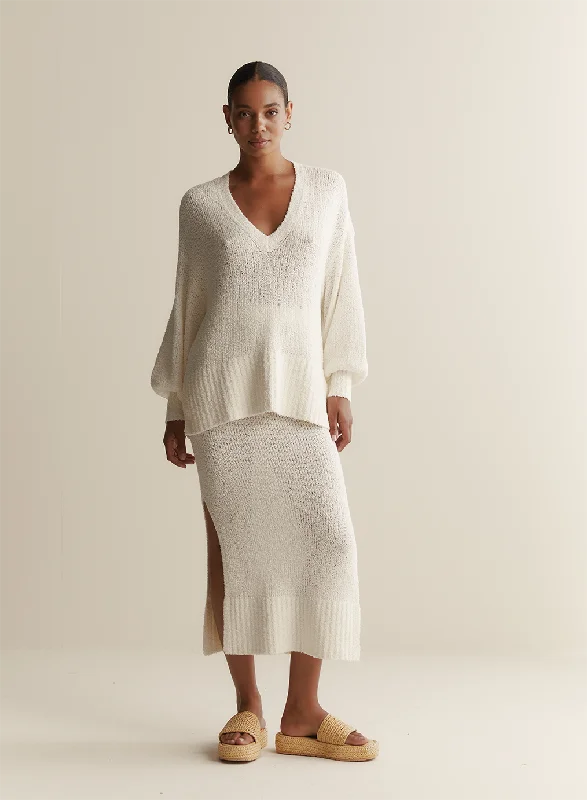 Arie Organic Cotton Cashmere Knit Maxi Skirt | Cream corduroy skirt cozy