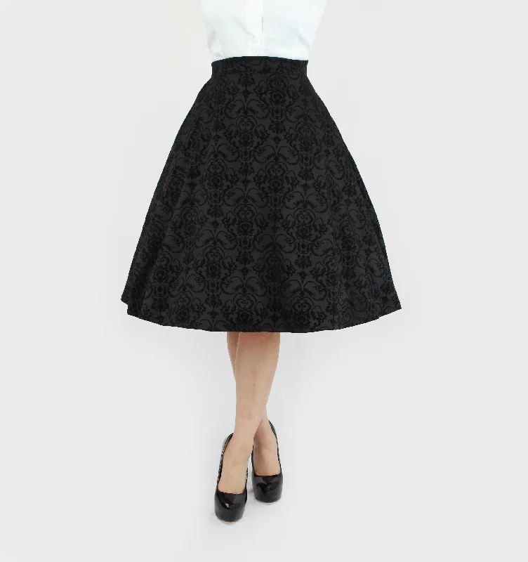 Vintage Inspired Holiday Damask Circle Skirt, Black Audrey Hepburn Full Circle Skirt w/ Pockets XS-3X denim skirt trendy