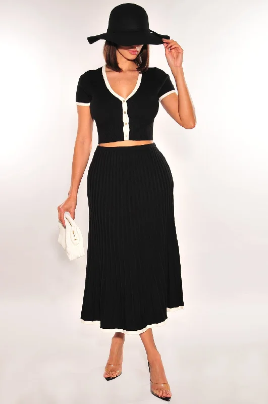 Black White Contrast Trim Pleated Knit Two Piece Skirt Set chiffon skirt floaty