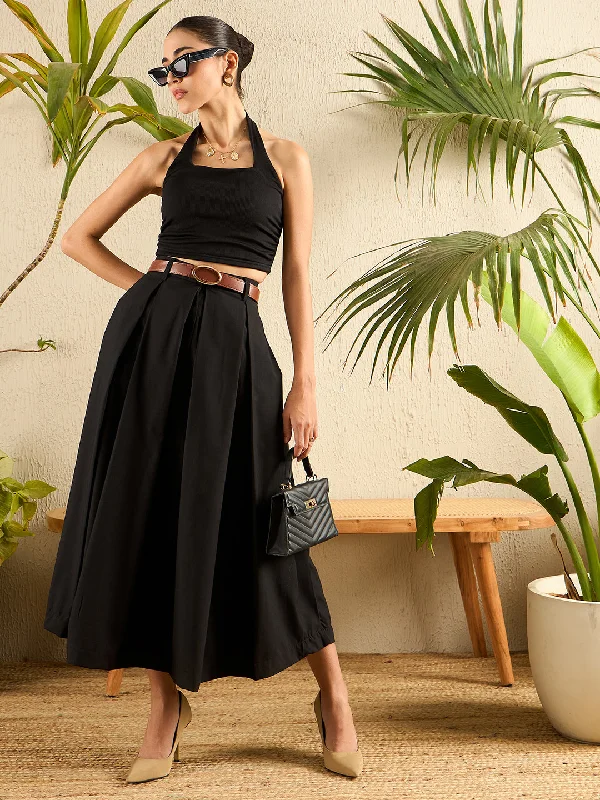 Cotton Poplin Box Pleated Midi Skirt linen skirt breathable