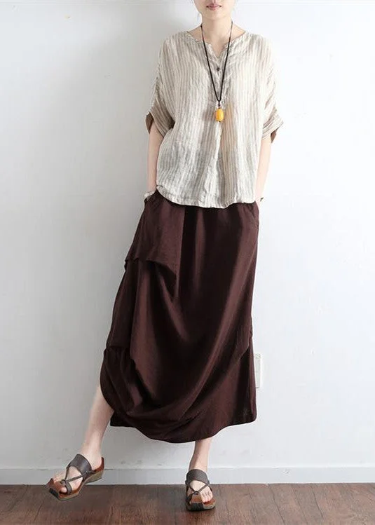Brick red oversized linen skirts asymmetrical design elastic waist long skirt high waist skirt