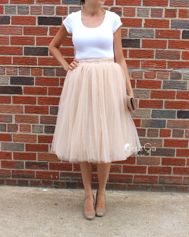 Claire Beige Soft Tulle Skirt - Below Knee Midi leather skirt bold