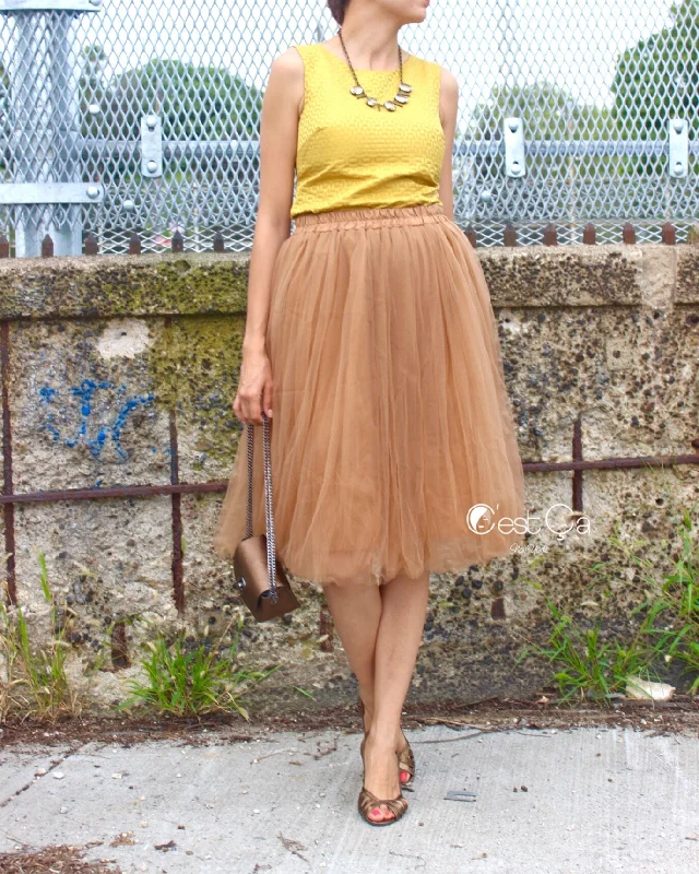 Claire Light Coffee Soft Tulle Skirt - Below Knee Midi chiffon skirt airy