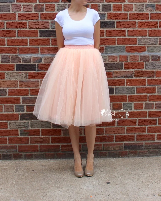 Claire Blush Peach Soft Tulle Skirt - Below Knee Midi denim skirt stylish