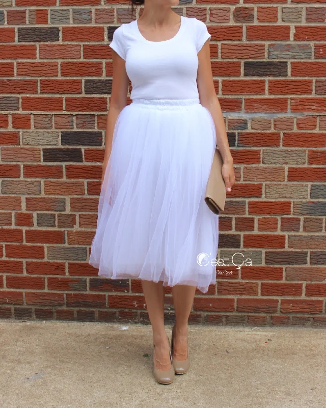 Claire White Soft Tulle Skirt - Below Knee Midi leather skirt bold