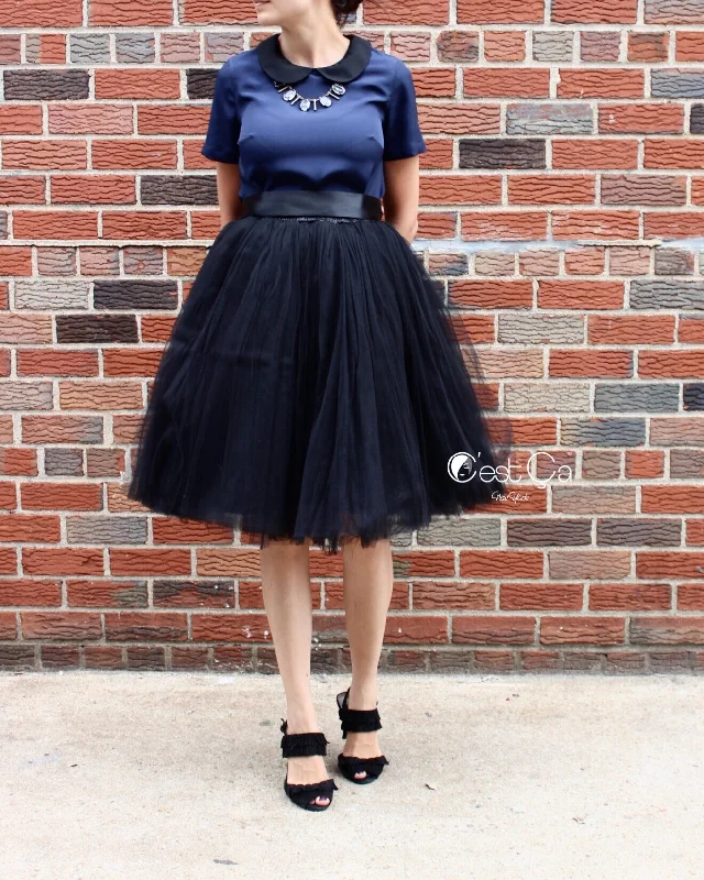 Clarisa Puffy Black Tulle Skirt - Midi silk skirt lustrous