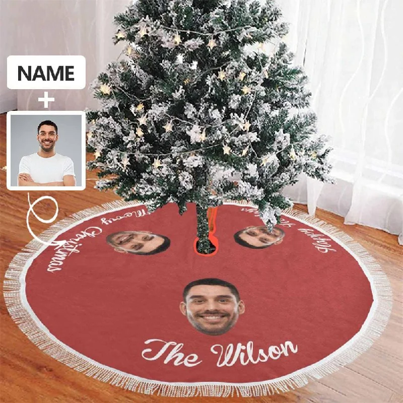 Custom Face&Name Happy Holiday Christmas Tree Skirt With Tassel casual skirt length