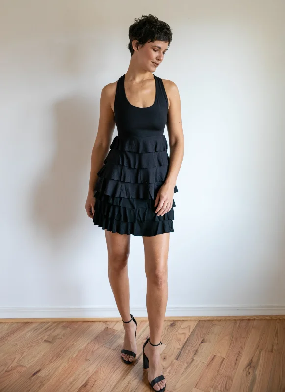 Darlene Ruffle Mini Skirt In Black silk skirt sleek