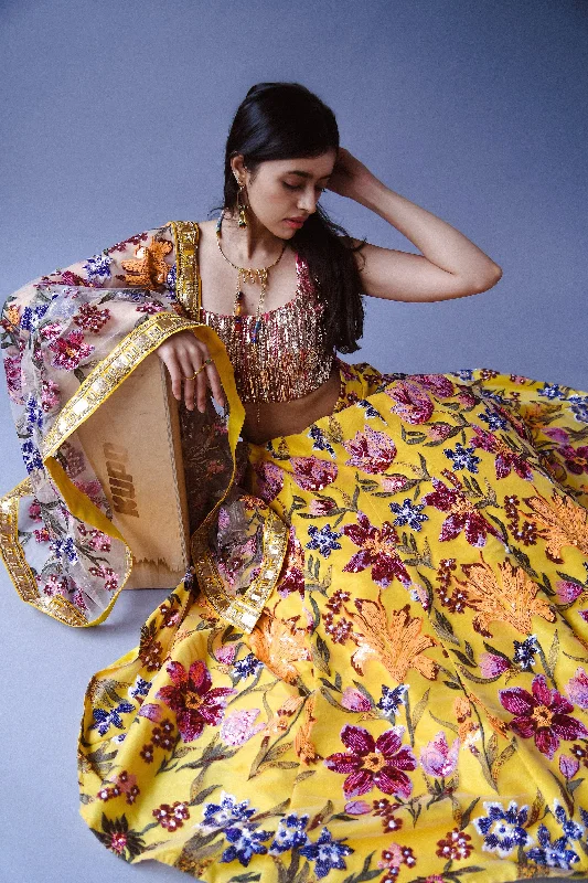 DEEPTI Yellow Floral Lehenga Skirt cashmere skirt fine