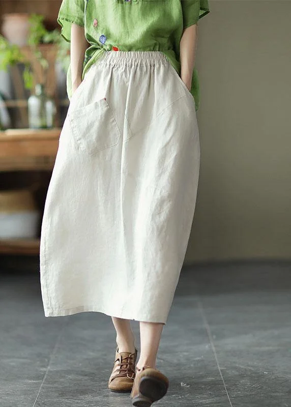 Elegant White Patchwork Pockets A Line Skirts Linen linen skirt airy