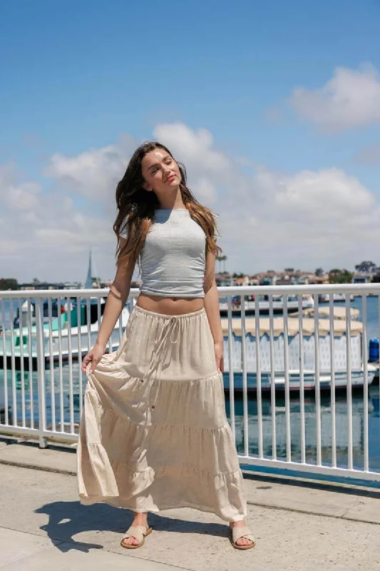 Flowy Tiered Maxi Linen Skirt - Oatmeal tiered skirt playful