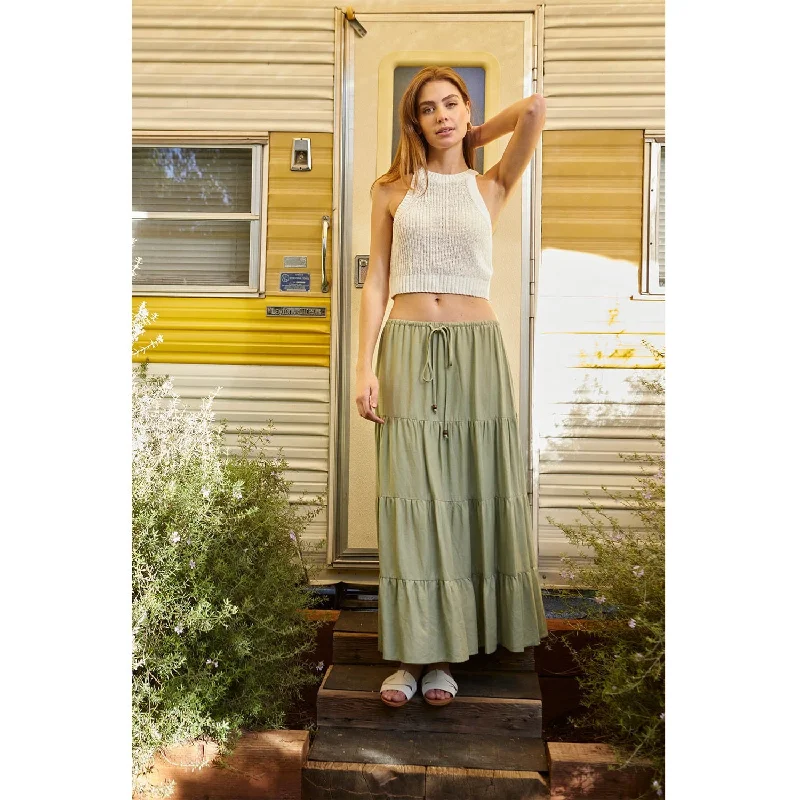 Flowy Tiered Maxi Linen Skirt - Sage floral skirt print