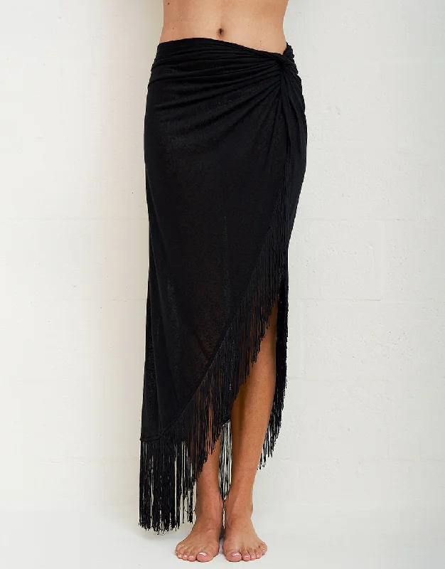 Fringed Sarong Skirt - Black athletic skirt fit